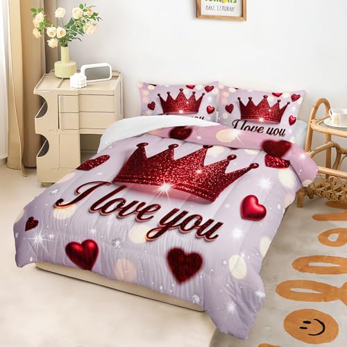 Image of AILONEN Red Crown Comforter Full Size with 2 Pillowcases,Romantic Glitter Hearts Bedding Set 3Pcs for Women Men,I Love You Print Quilt Set for Home Decor