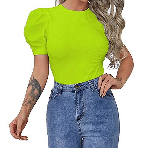 GenericWomen's Puff Half Sleeve Solid Stylish White Top for Junior Teen Girls (Neon, Small)
