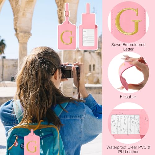 Image of Initial Luggage Tags for Suitcases, Cute Embroidered Letter Luggage Bag Suitcase Identifier Name Baggage Tag, PU Leather Travel Luggage Tags, Bag Tags for Men Women Kids Luggage Handbags(Pink G)