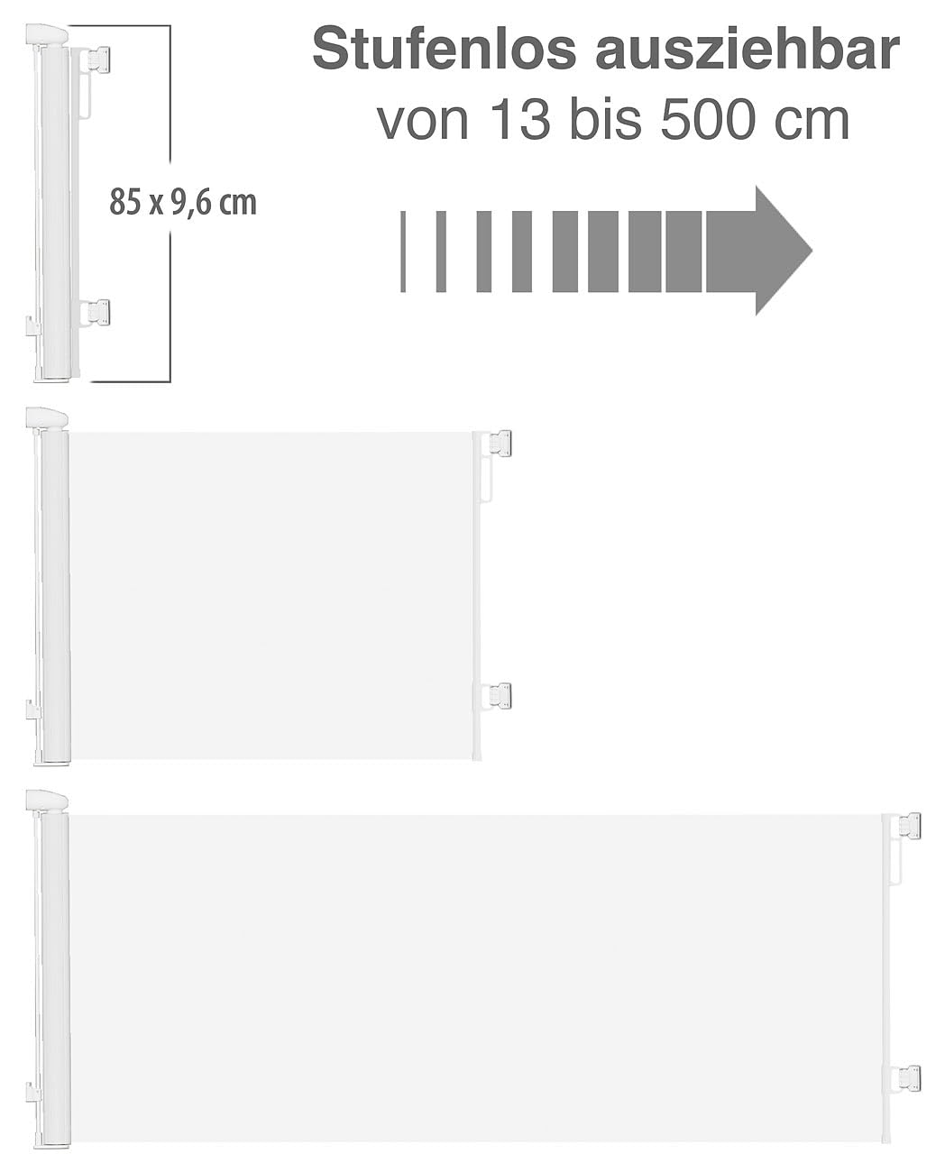 Carlo Milano Absperrgitter: Ausziehbares Treppenschutzgitter, 13-500 cm, 85 cm hoch, weiß (Baby-Gitter Treppe, Türschutzrollos, Hund)