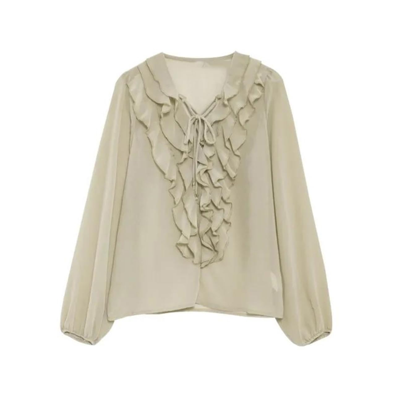 Halbtransparente Damenbluse mit Rüschenbesatz, Frühling, elegant, V-Ausschnitt, Schnürung, Damenbluse