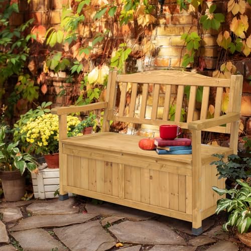 44Inch Outdoor Wooden Storage Bench with Seating & Armrest, Deck