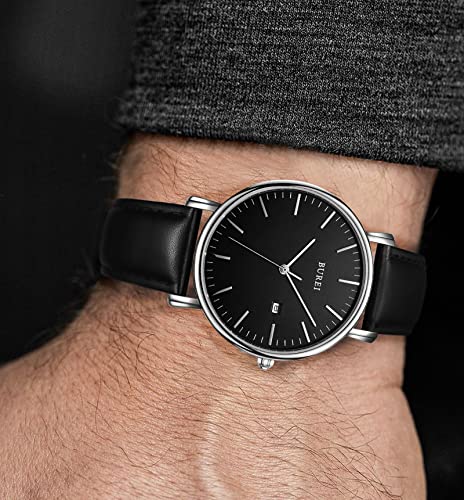 Image of BUREI Men's Fashion Minimalist Wrist Watch Analog Date with Leather Strap