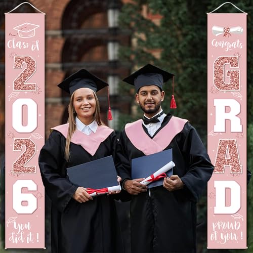 Image of Graduation Decorations 2026 Banner Porch Sign Rose Gold for Class of 2026 Graduates