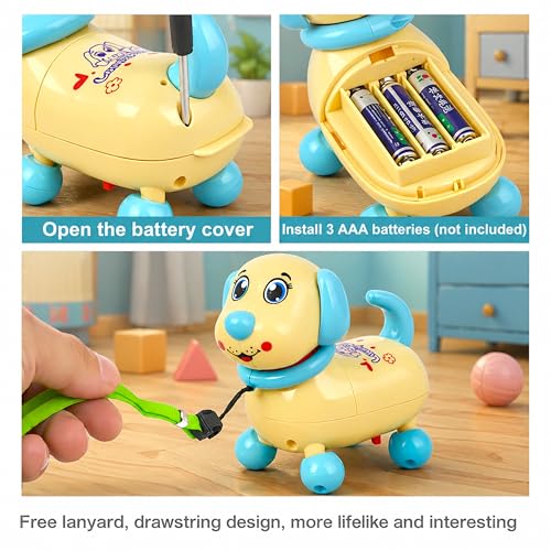 Image of Musical 360 Dancing Dog Toy for Kids with LED Lights - Interactive Electric Walking Puppy Pull Along Pet Toy with Rope - Color As Per Stock