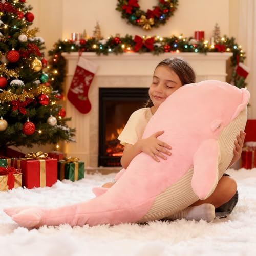 Image of Tezituor 43.3 inch Giant Whale Stuffed Animals, Hugging Soft Pink Whale Plush Body Pillow for Girls Women, 4ft Life-Size Ocean Sealife Plush Gift for Christmas Birthday