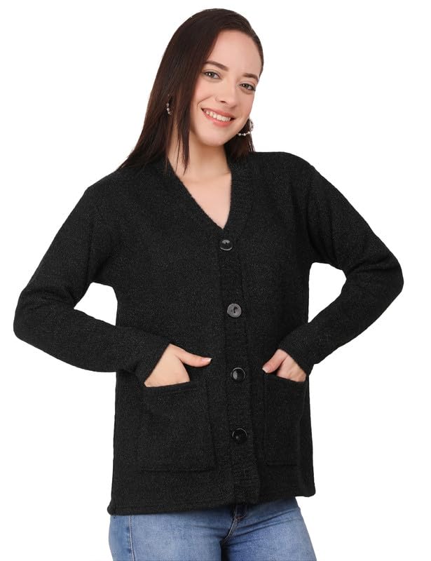 Image of MANRA Women's Woolen V-Neck Buttoned Full Sleeve Cardigan Self Design Soft Wool Fabric Winter Wear Pure Wool Sweater Fully Warm, Front Pockets Cardigan