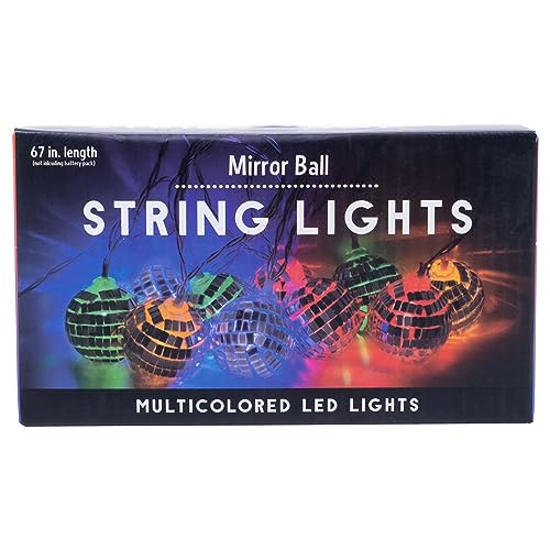 Fizz Creations Disco Mirror Ball String Lights. 67 Inch Length of Dazzling Mirror Balls. Includes 10 Vibrant Multi-Colored LED Lights. Battery Operated. Disco Party Decorations.