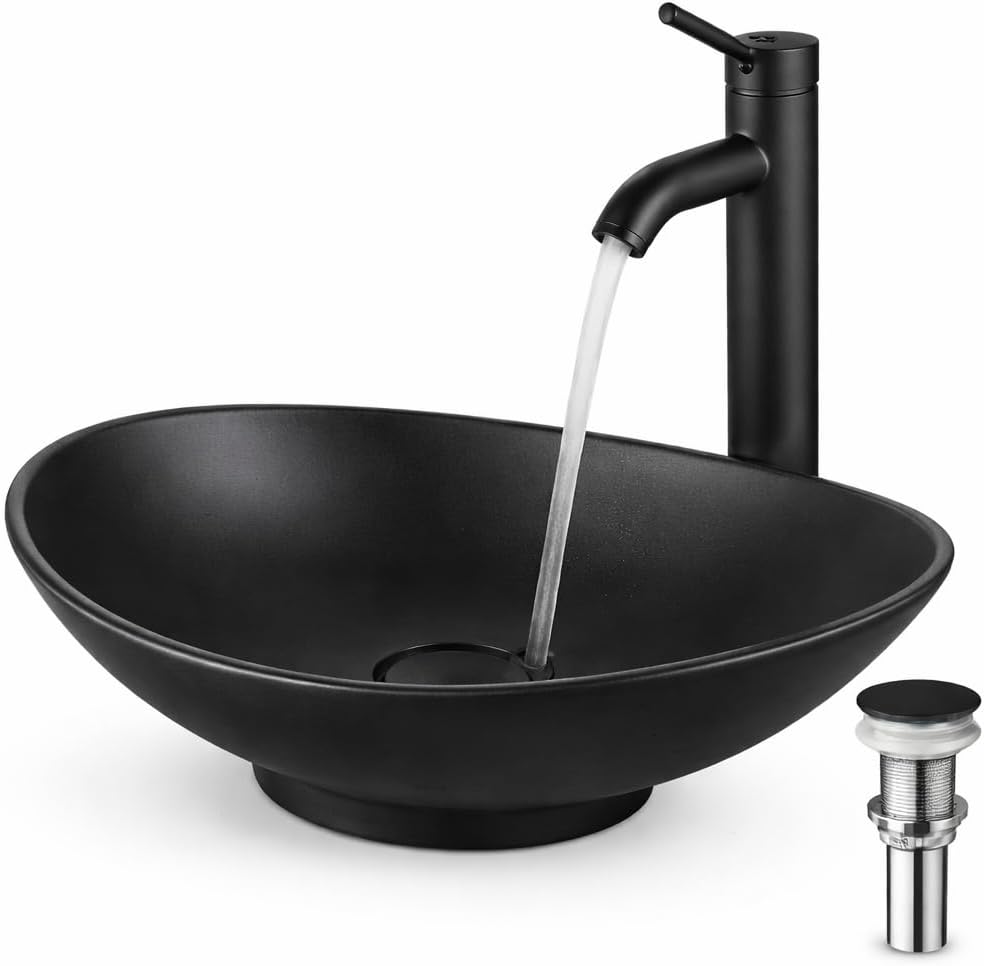16 Inch Oval Vessel Sink with Faucet Combo, Black Stone Resin Bathroom Vessel Sink Above Counter, Modern Bathroom Vanity Sink Bowl with Drain, Matte Black Countertop Basin