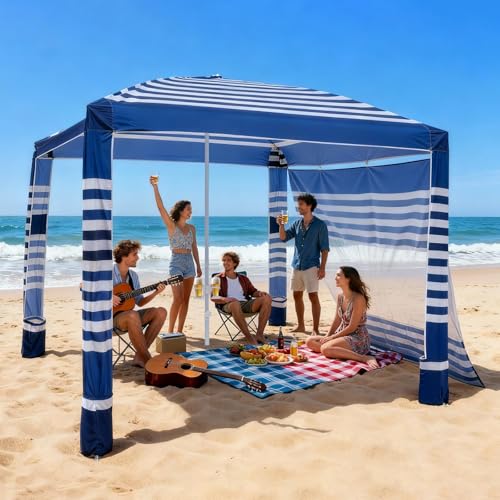 VEVOR Beach Cabana, 8 x 8 ft Beach Canopy with Side Wall, UPF 50+ Protection Easy Setup Cabana Tent with Sand Pockets, Adjustable Height Portable Shade Sun Shelter Umbrella for Family, Navy Stripes