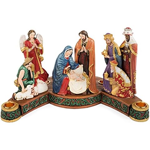 Avalon Gallery Candle Holders - Luxury Tabletop Christmas Centerpiece Advent Wreath Candle Holder Figurine, 12.75 x 7.5-Inch, Nativity Taper & Pillar Cover