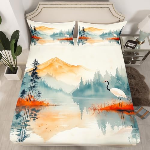 Mountain Woodland Fitted Sheet Queen Size Crane Wildlife Birds Bedding Set for Kids Boys Girls Teens Ink Wash Painting Bed Sheet Set Chinese Style Scenery Bed Cover Room Decor,No Top Sheet