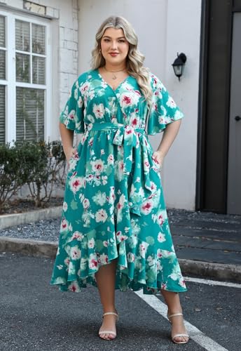 Image of Keluummi Plus Size Maxi Dress for Women V-Neck Floral Empire Waist 3 /4 Sleeve with Pockets