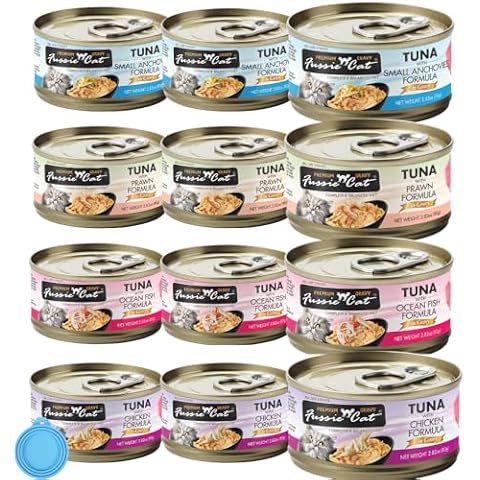 Fussie Cat Premium In Gravy Canned Grain Free Cat Wet Food - Variety Bundle 4 Flavors with HS Pet Food Lid (12 Cans) (Tuna & Ocean Fish- Tuna & Prawns- Tuna & Chicken- Tuna & Anchovies) (2.82 Oz Cans) Cover