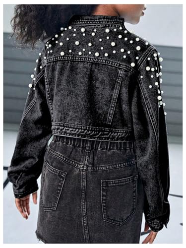 Image of WDIRARA Girl's Beaded Denim Jacket Button Down Collared Long Sleeve Jeans Jackets Y2K Outerwear
