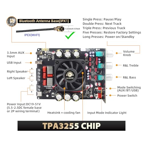 Image of T300HS 2.0 Channel 600W Bluetooth Power Amplifier Board, TPA3255 Chip, Vehicle Amplifier with Bluetooth /AUX /USB Inputs for DIY Speaker