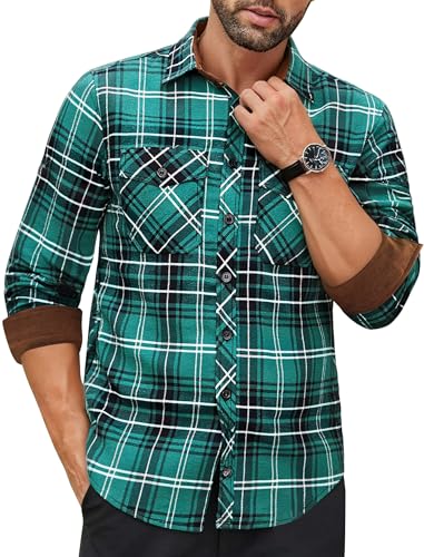 Men's Flannel Shirt Plaid Long Sleeve Button Down Shirt Cotton Casual Green Shirts with Two Chest Pockets(Green Plaid-XL)