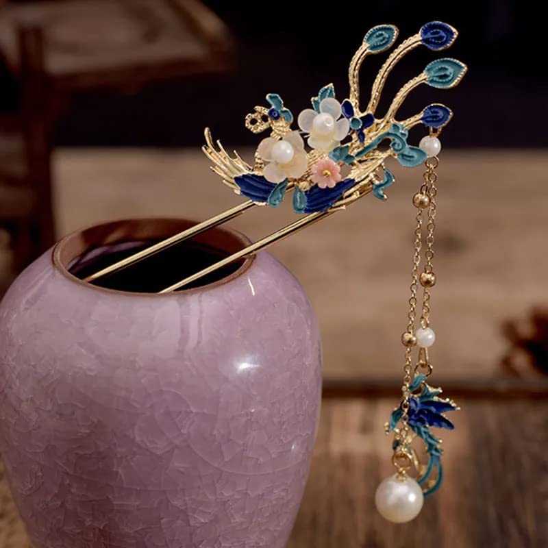 Miniatura 1 de Rabithenn Borlas azules tostadas de perlas, estilo Hanfu chino y estilo de mariposa retro con clip de pelo de metal hecho a mano, accesorios para el