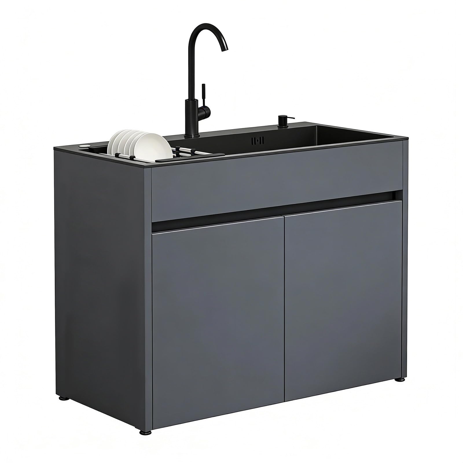 Mueble Fregadero con Cubeta de Acero Inoxidable Negro para Lavadero y Garaje, armario de almacenamiento de aluminio de panel de abeja con grifo, dispensador de jabón y cesta extraíble, ajustable