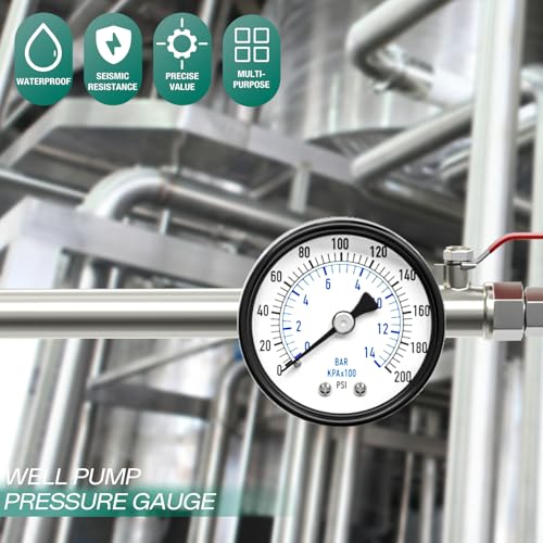 Image of 0-200PSI Well Pump Pressure Gauge 1 /4 inch NPT 2 inch Face Dial Size, Multifunctional Practical Dry Pressure Gauge, Back Mount, for Water, Oil and Air Compressor