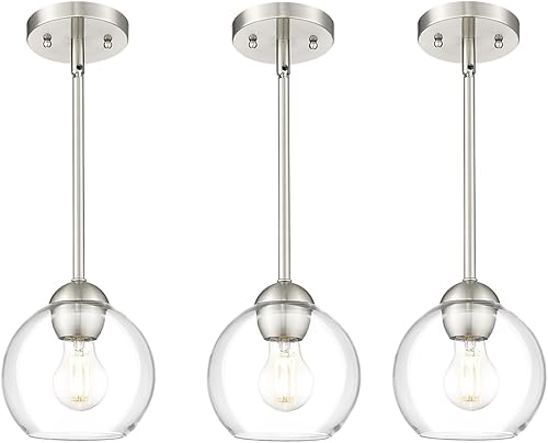 Emak PL119-BN-2PK, PL119-BN - Luces colgantes de 7 pulgadas, lámparas colgantes de níquel cepillado con pantalla de vidrio transparente, paquete de