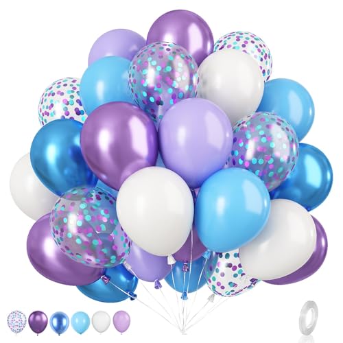 Image of Blue and Purple Balloons Set, 50 PCS Blue 12 Inch Mermaid Balloon, Metallic Purple White Latex Ballons Confetti Helium Balloons for Girls Mermaid Birthday Party Baby Shower Winter Supplies