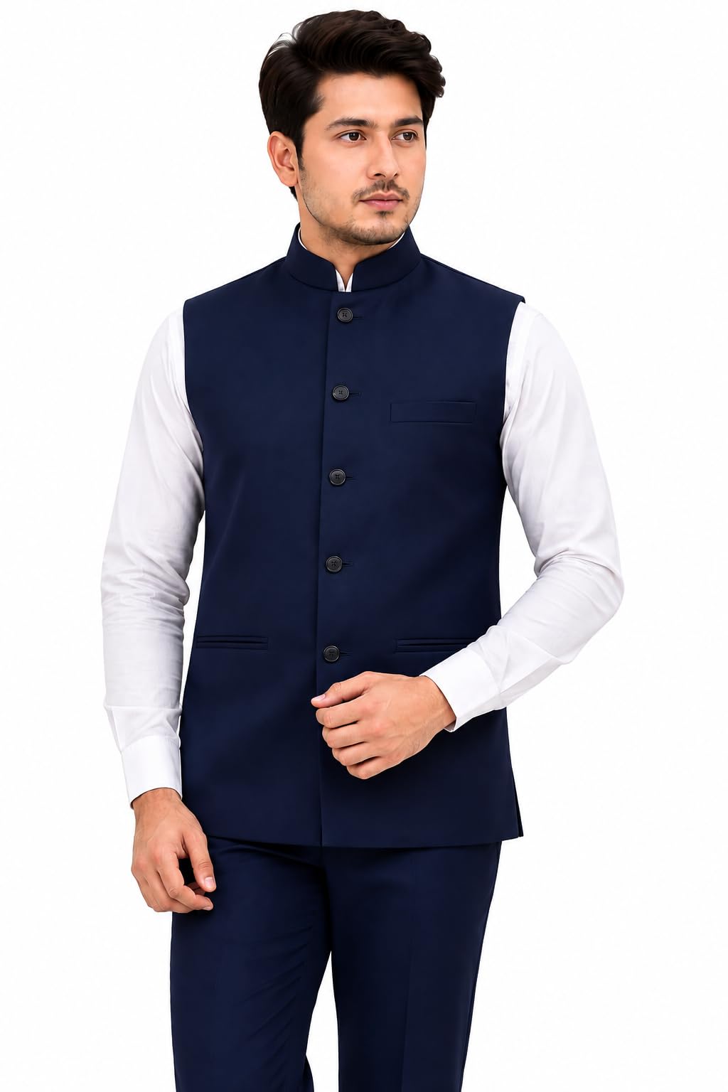 Armani Men's Black Nehru Jacket Solid Mandarin Collar Waistcoat (IN, Alpha, S, Nevy blue)-picture-27
