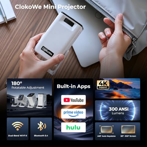 Image of [Built-in Apps] Mini Projector with WiFi and Bluetooth, 4K 1080P Support | Android 14 Smart Portable Projector, Auto Keystone, Compatibile with Smartphone /Laptop /HDMI /USB, Movie Projector for Bedroom
