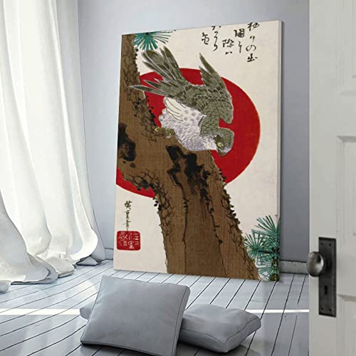Japanese Poster Eagle With Red Sun Wall Art Bird Wall Art Pine Tree Falcon Illustration Canvas Art Poster Wall Art Picture Print Modern Family Bedroom Decor 24X36Inch(60X90Cm) Frame-Style #TOP2