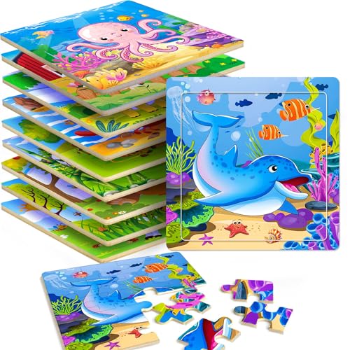 Rompecabezas de madera para niños de 3 a 6 años, paquete de 10 rompecabezas jigsaw de 20 piezas con animales (jirafa, tigre, cangrejo, delfín, dinosaurio, panda, cebra, oso, vaca y pulpo) miniatura 1