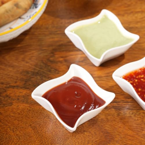Image of HOME 360 Premium White Ceramic Dip Bowl Set of 3 | Wavy Square Mini Dishes & Condiment Serving Bowls | Elegant Pinch Bowls for Ketchup, Salsa, Chutney & DIps (3, Wavy DIp Bowls)