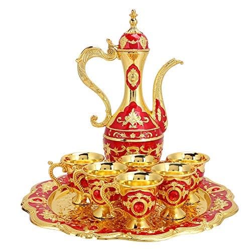 FoOhy Vintage Turkish Coffee Pot Set,Vintage Turkish Coffee Pot with 6 Coffee Cups,Turkish Copper Coffee Cup Set,Including Craft Tea Tray Teapot and Tea Cups (Red)