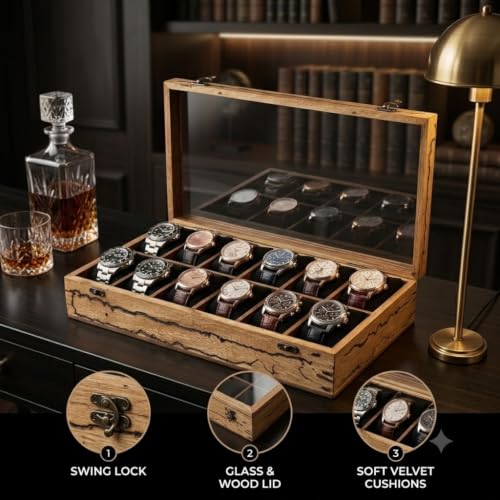 Image of Wooden Watch Box Organizer for Men - 12 Slot Watch Display Case with Glass Lid, Rustic Live Edge Wood Storage Box, Locking Clasp, Includes Key - Holds Watches, Bracelets & Jewelry