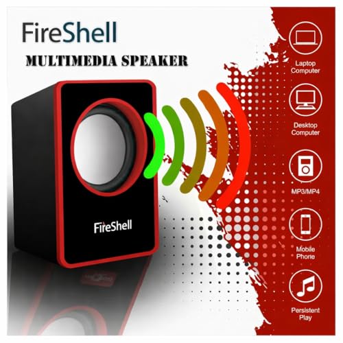 Image of Fireshell USB Powered Computer Speakers 6W Stereo Sound with Multicolor LED Lights, AUX Input & Volume Control Pod for PC, Laptop & Desktop (Red)