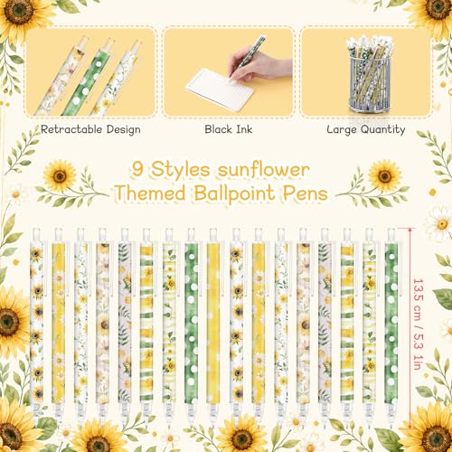Image of Jetec 108 Pcs Sunflower Pens Bulk Ballpoint Pens Sets Stuff Aesthetic Retractable Office Supplies Gift for Student Teacher Writing Journal Planning Notepad Desk Decor for Women Men Nurse Staff
