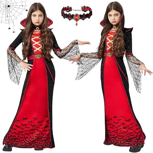KOMEIYL Traje Vampiro Niña, Vestido Vampiresa con Collar, Disfraz Vampiro para Niños Halloween, Vampire Dress up Costumes, Aplica a Representaciones Teatrales, Eventos Cosplay ((M(120 130 CM))