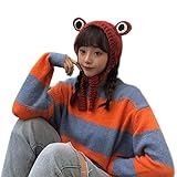 [Stebcece] 冬の帽子女性のための暖かい厚いかぎ針編みニットかわいいカエルの目屋外耳介トラッパースカルキャップ女性のためのポニーテール穴