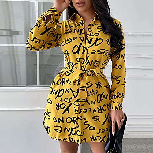 Dress For Women Printed Long Sleeves Cardigan Lapel Blouse Slim Sexy Casual Knee Length Dresses For Women Yellow #TOP1