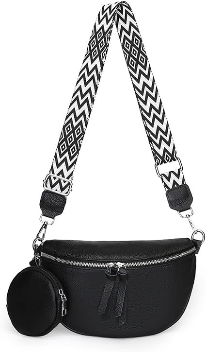 Genuine Leather Fanny Pack Crossbody Bags - Fashion Sling Purse Chest Belt Bum Bag CrossBody Purse for Women Travel Camping(B - Black)