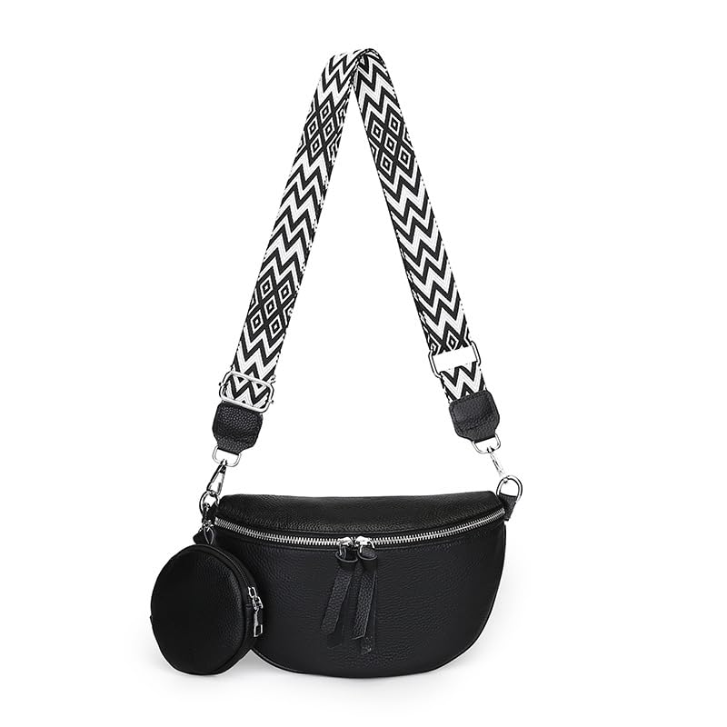 Genuine Leather Fanny Pack Crossbody Bags - Fashion Sling Purse Chest Belt Bum Bag CrossBody Purse for Women Travel Camping(B - Black)