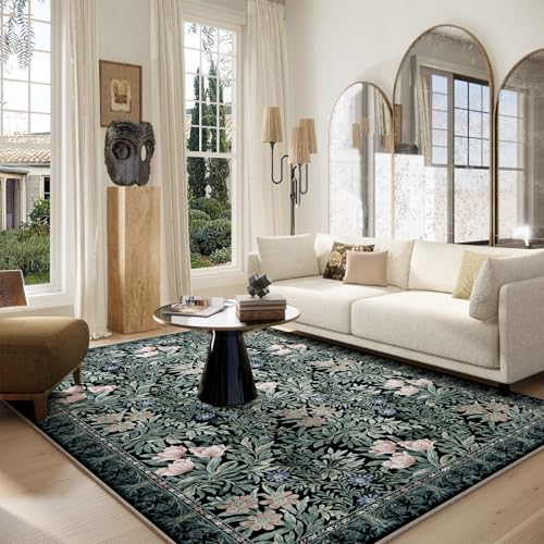 Image of Washable Area Rugs 6x9 Black Green Vintage Floral Botanical Pattern,Perfect for Living Room, Bedroom, Kids Room, Nursery - Stain & Water Resistant Non-Slip, Pet & Child Friendly /Bedroom Decor