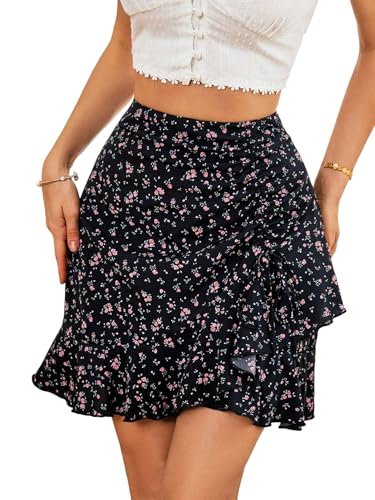 EARKOHA 2025 Skirts for Women Ditsy Floral Print Drawstring Ruffle Hem Skirt Multicolor M