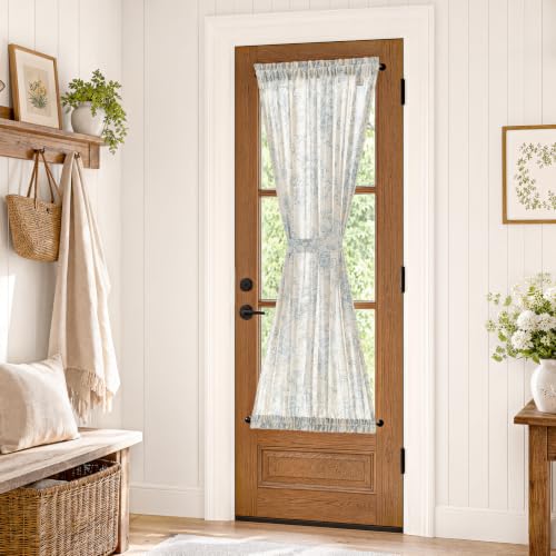 Image of jinchan Alice Floral French Door Curtain Farmhouse Linen for Sliding Glass Door 72 Inches 1 Panel with Tieback Light Filtering Curtain for Window Patio Rod Pocket Blue on Linen