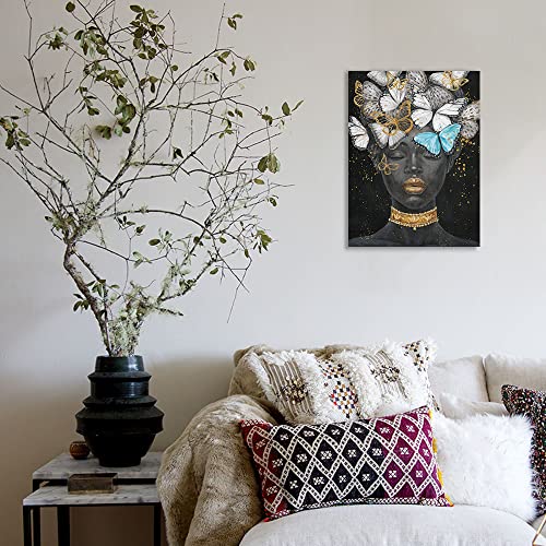 B Blingbling African American Woman Butterfly Picture: Black Woman Butterflies Wall Decor Canvas Painting For Living Room Bathroom Office Lady Home Decorations Framed Ready To Hang (12"X16"X1 Panel) #TOP6