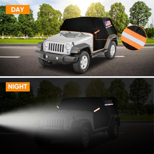 Image of Wrangler Cab Cover for 2007-2026 Jeep Wrangler JK JL 2 Door, NEVERLAND Half Car Cover Waterproof Oxford with Reflective Strip, Sun Snowproof Cab Car Cover Black