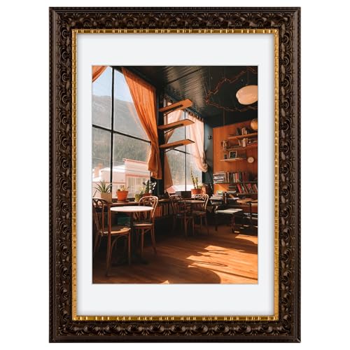 Image of Golden State Art, 10X14 Ornate Finish Photo Frame With White Mat for 8.5x11 Picture & Real Glass, Color: Dark Brown With Gold