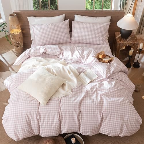 Image of MooMee Gingham Duvet Cover Set 100% Washed Cotton Linen Like Textured Breathable Durable Soft Comfy Modern Checkered Design (Classic Gingham Greyish Pink, Cal King 104 inchx98 inch)