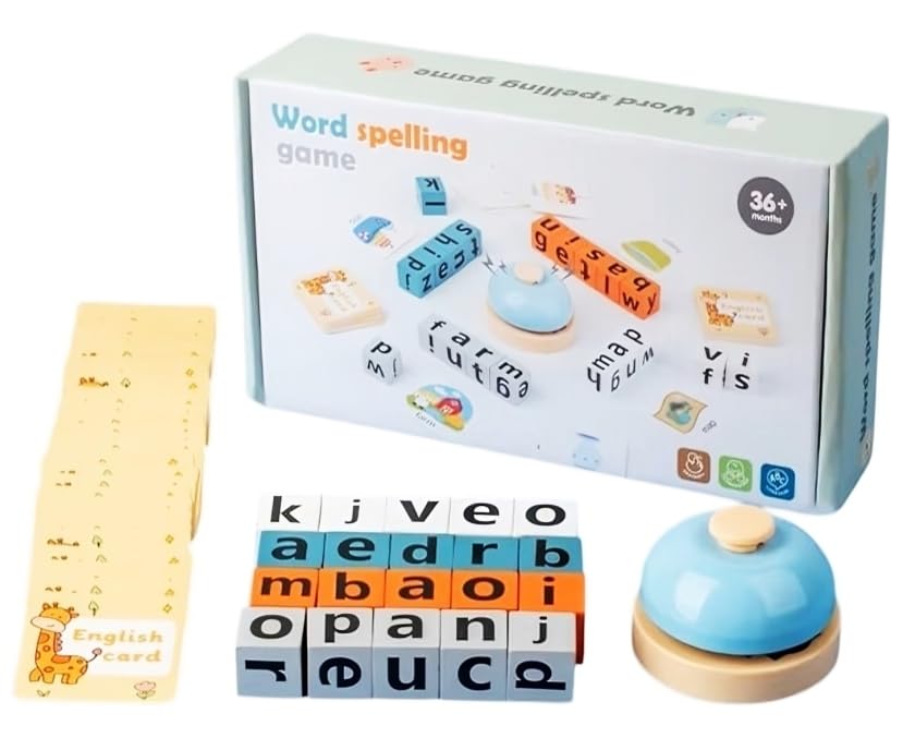 Image of Kiddie Galaxia Wooden Alphabet Spelling Game Montessori Learning Toy for Kids Educational Game for Word Building, Spelling & Early Aducation Toy 3+ Years 20 Letter Cubes 64 Flashcards 1 Bell