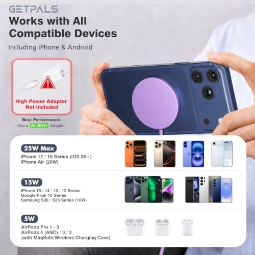 Image of 25W Magnetic Portable Fast Wireless Charging Pad for Apple iPhone Series | Compatible with iPhone 17 16 15 14 13 12 Pro Max, Google Pixel, Flat Slim for Travel Office Bedside, Light Violet - 2Pack