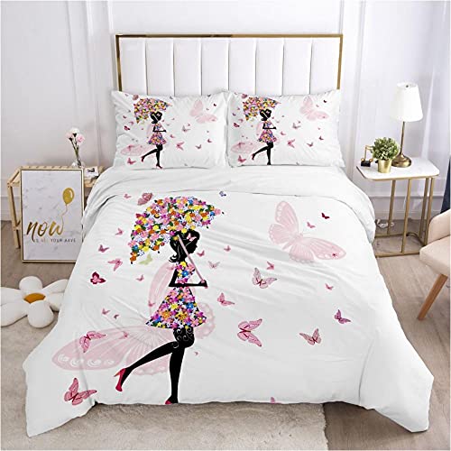 BAIXUEGONGZHU Housse de Couette 220x240, Fille de Fleur de Papillon, Parure De Lit avec 2 Taies d'oreiller 65x65 cm (Doux Microfibre ), pour Adulte et Adolescents